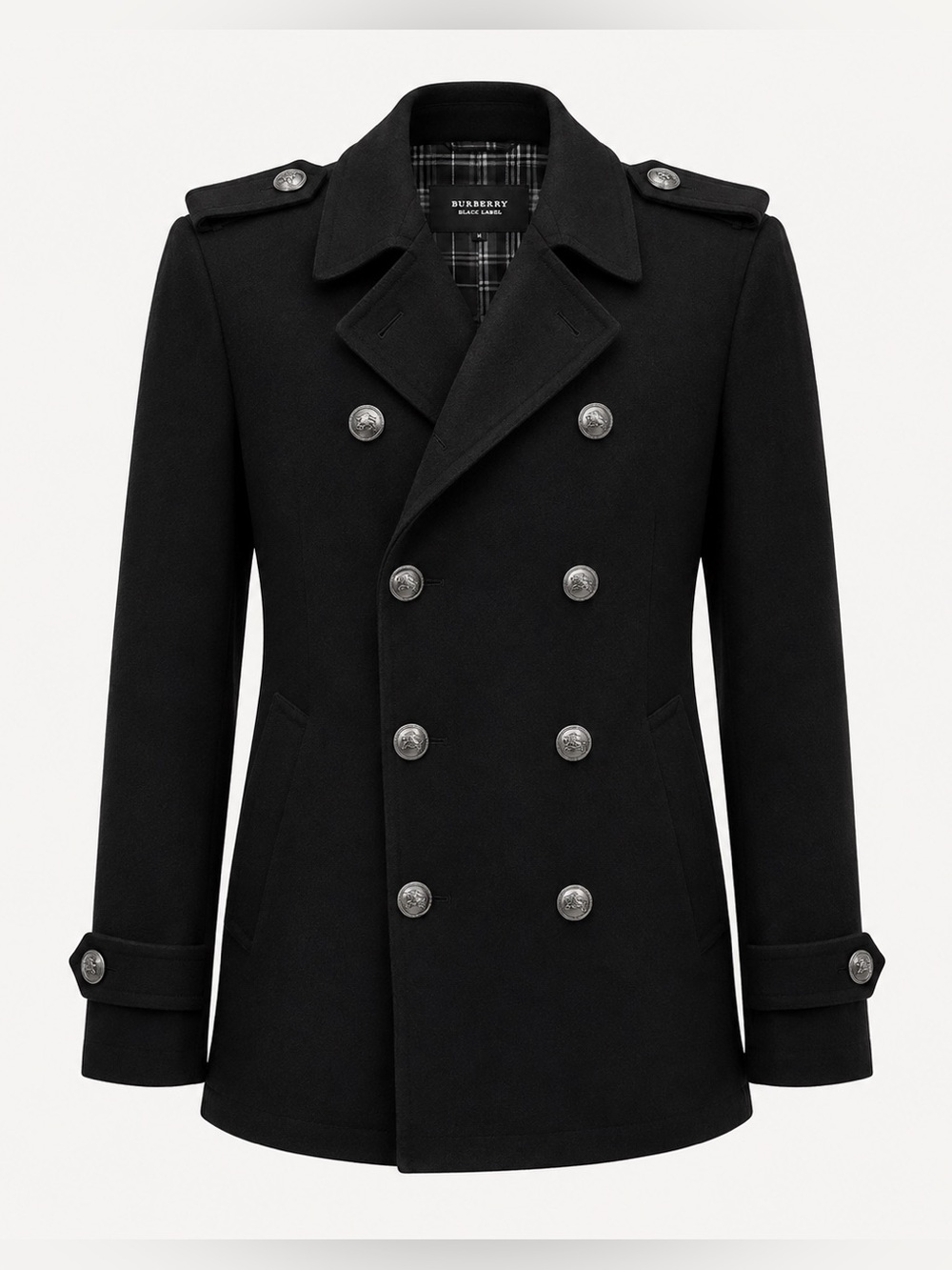 BURBERRY BLACK LABEL Men's Wool Military Peacoat Double Breasted -Black- Size M - Picture 2 of 9